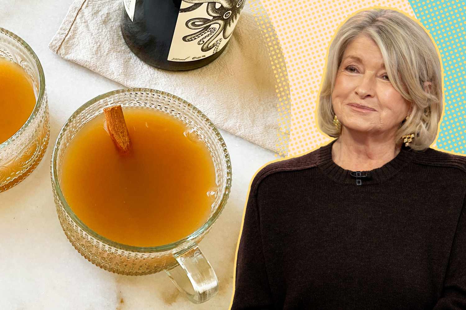 Two cups of warm cider and a portrait of Martha Stewart