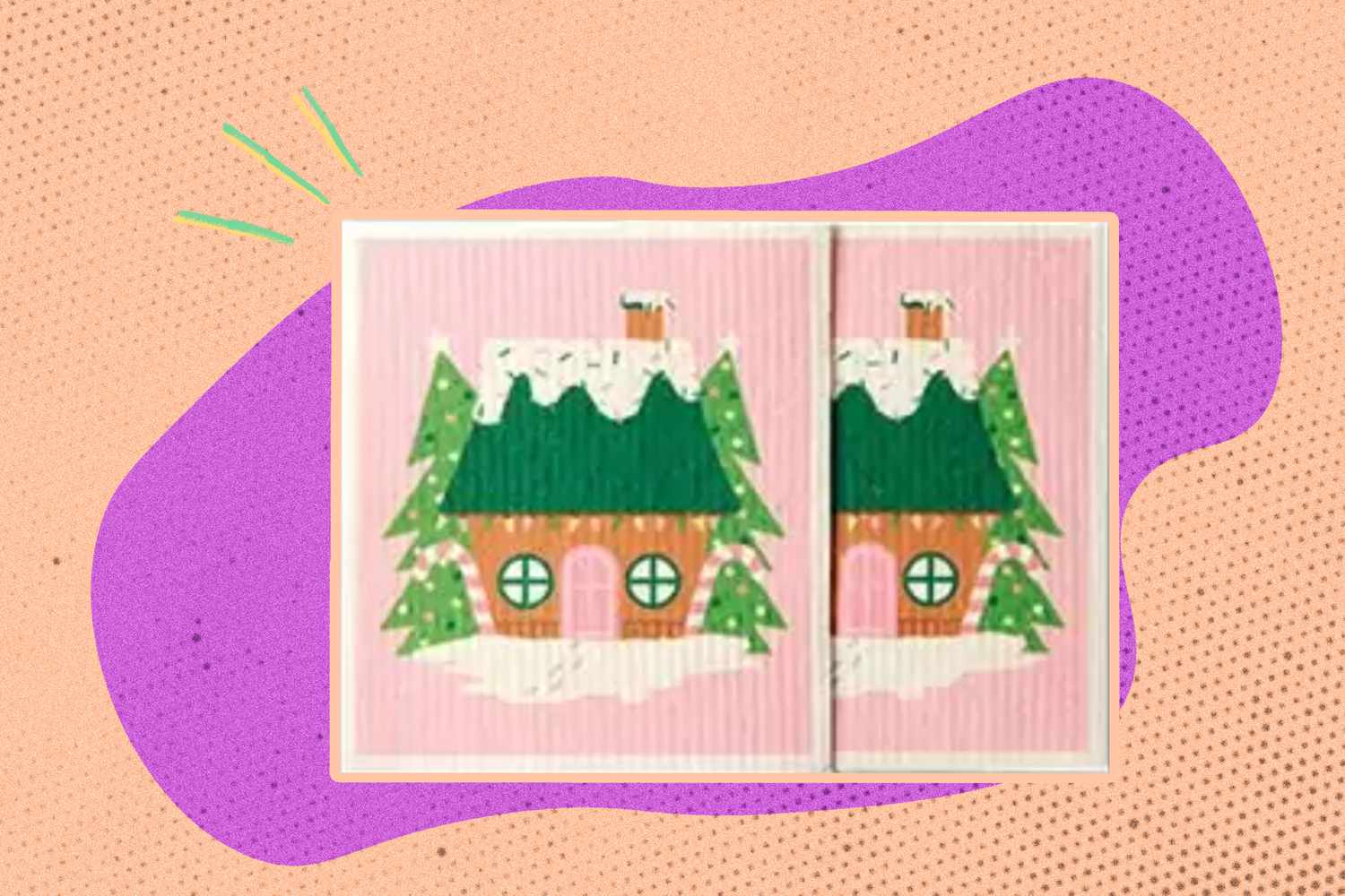 Two ALDI dishcloths on an illustrated background