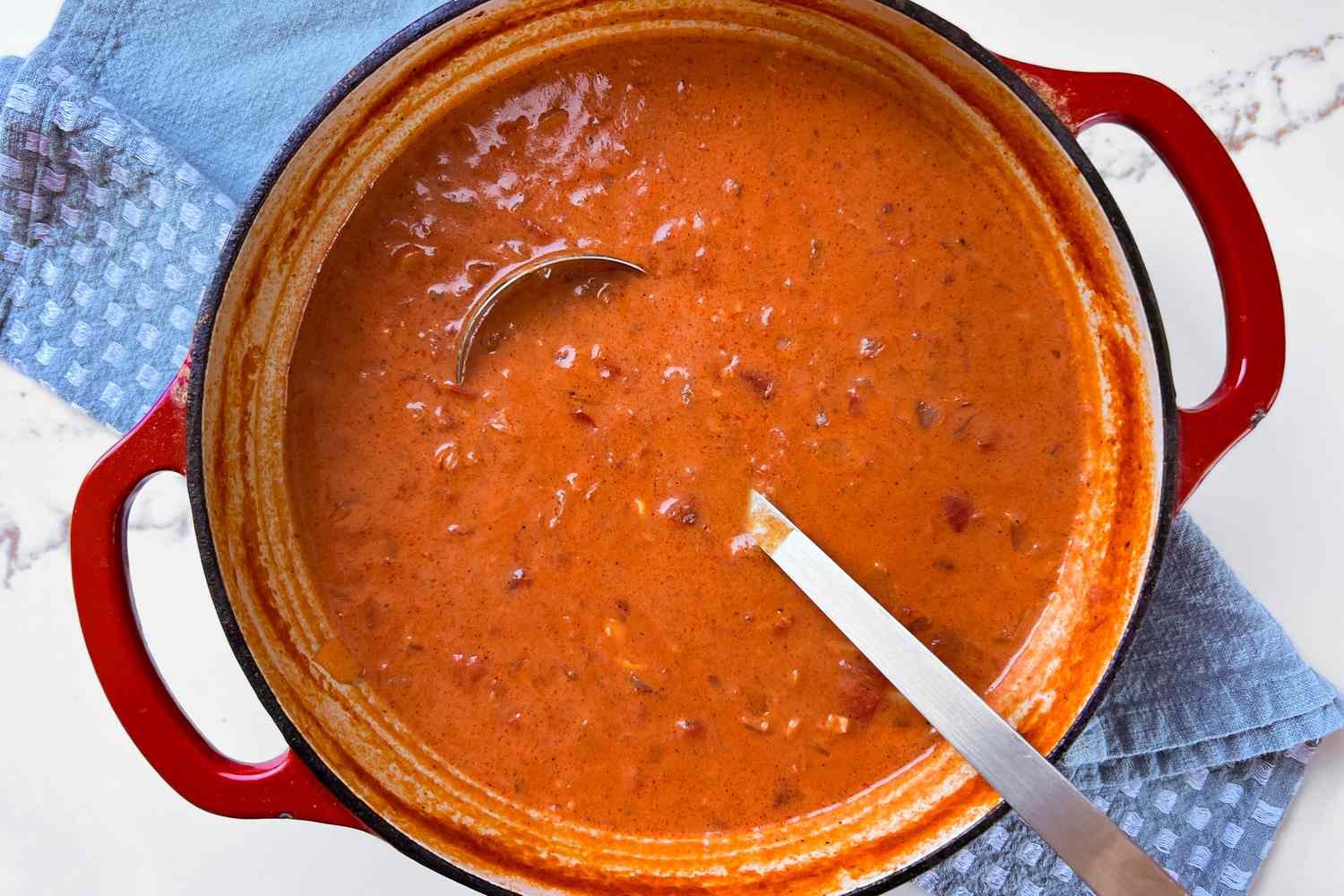 Ina Garten's tomato soup in a red pot