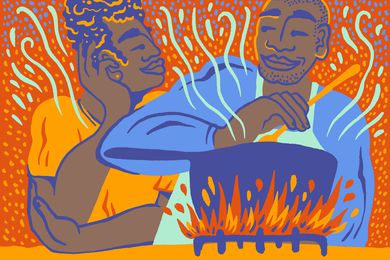 Two figures cooking together over a stove with flames depicted in an artistic style