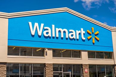 Front of a Walmart store, showing the entrance and logo