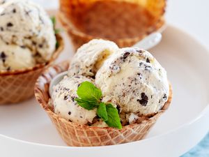 Mint chocolate chip ice cream served in waffle cups.