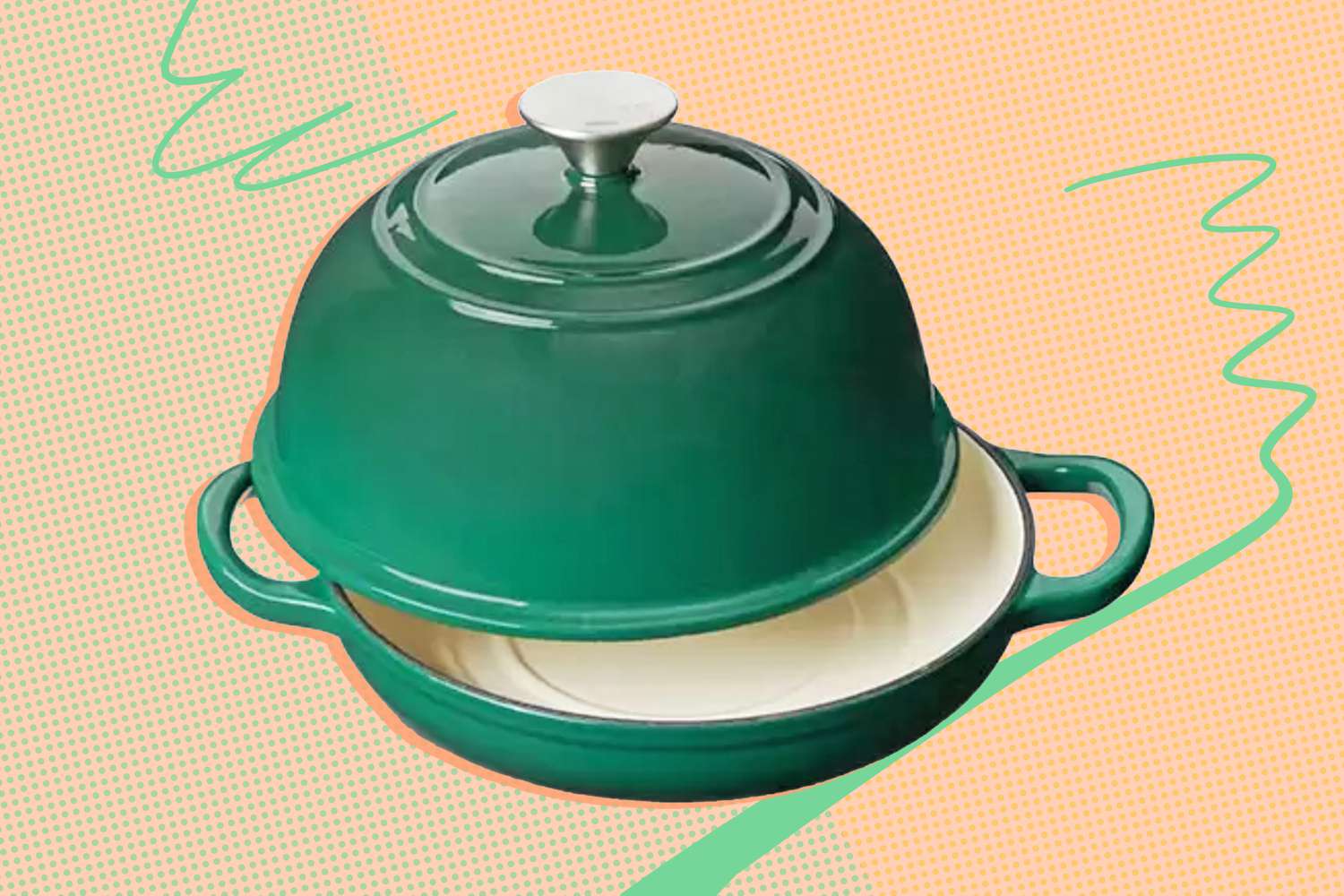 ALDI cast iron bread dome on an illustrated orange and green background
