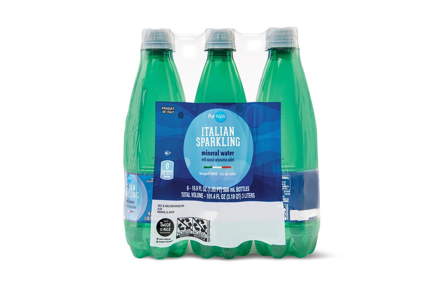 Package of Italian Sparkling mineral water from Aldi on a white background