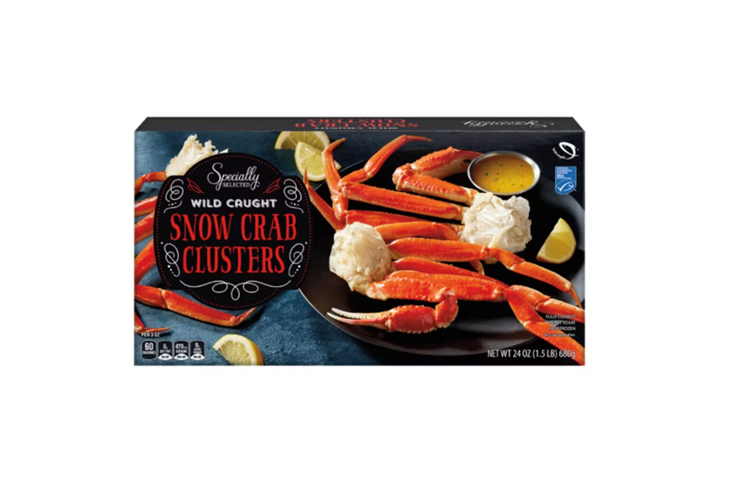 Packaging of Specially Selected Wild Caught Snow Crab Clusters with lemon wedges and sauce