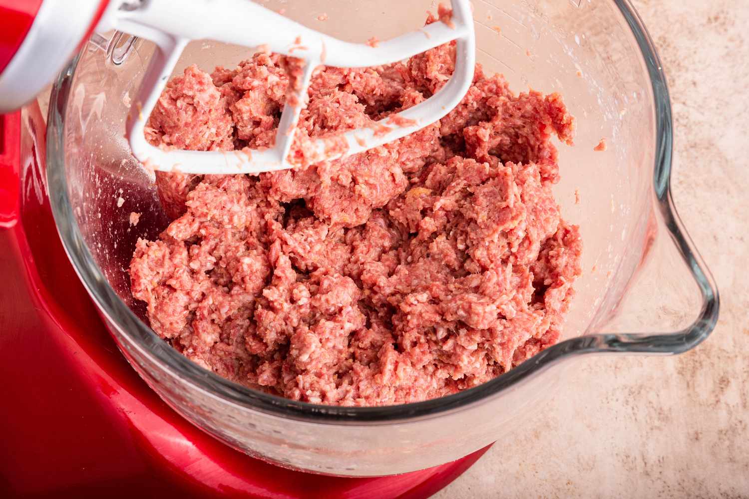 Meatloaf Mixture in a Mixer Bowl Still Attached to the Stand Mixer