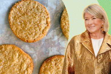 Image of four lemon sugar cookies on parchment paper next to an image of Martha Stewart wearing a gold colored outfit over a light blue and green speckled background