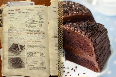 A sidebyside comparison of a vintage recipe book showing a chocolate cake recipe and a modern chocolate layer cake on a plate
