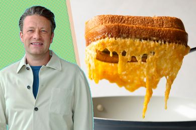 portrait of Jamie Oliver next to an image of a grilled cheese with cheese gooping out of the sides of the sandwich
