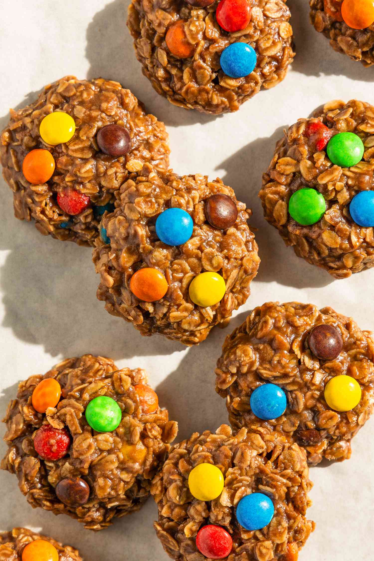 No-bake m&m cookies on the counter 