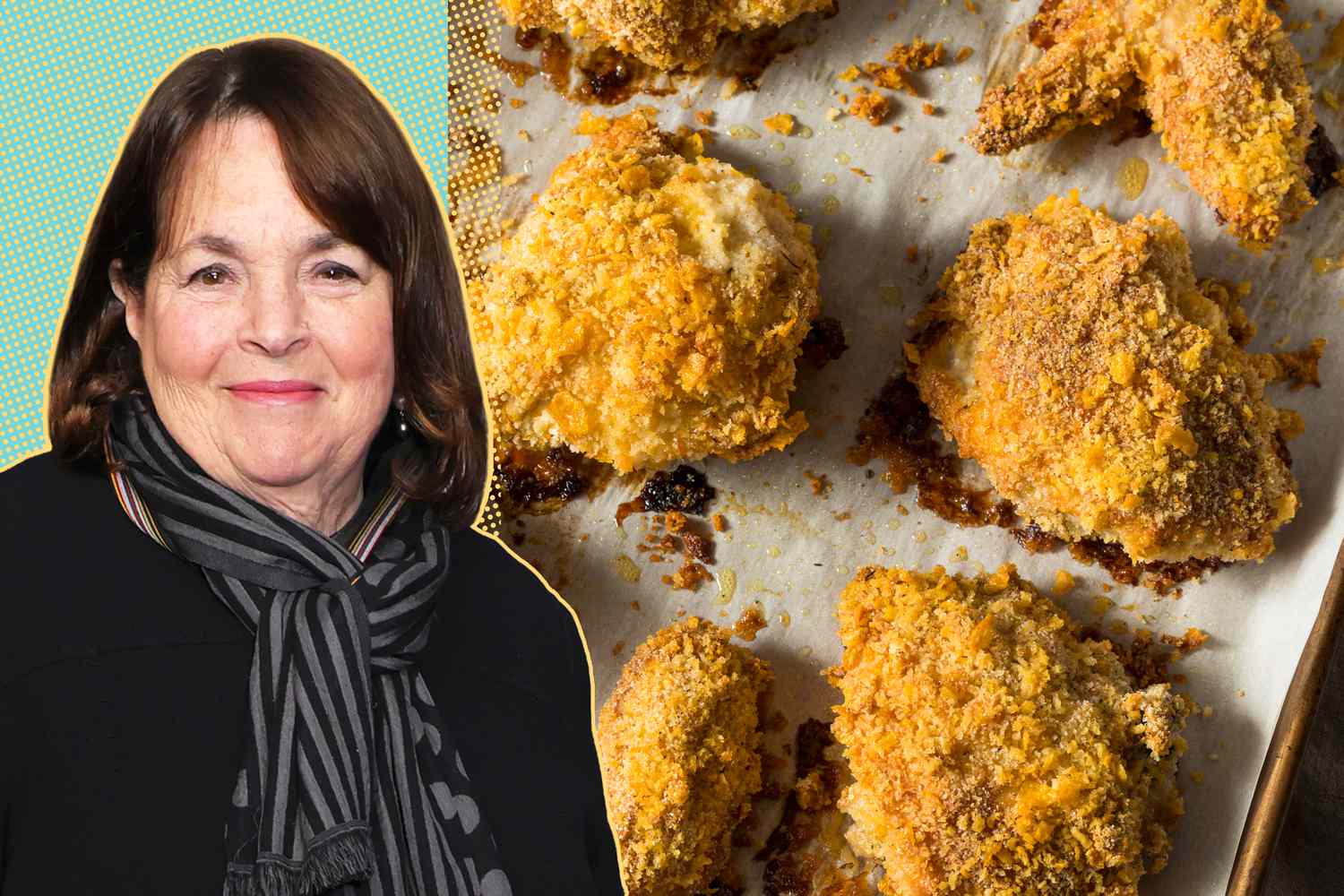Ina Garten with a tray of baked chicken pieces