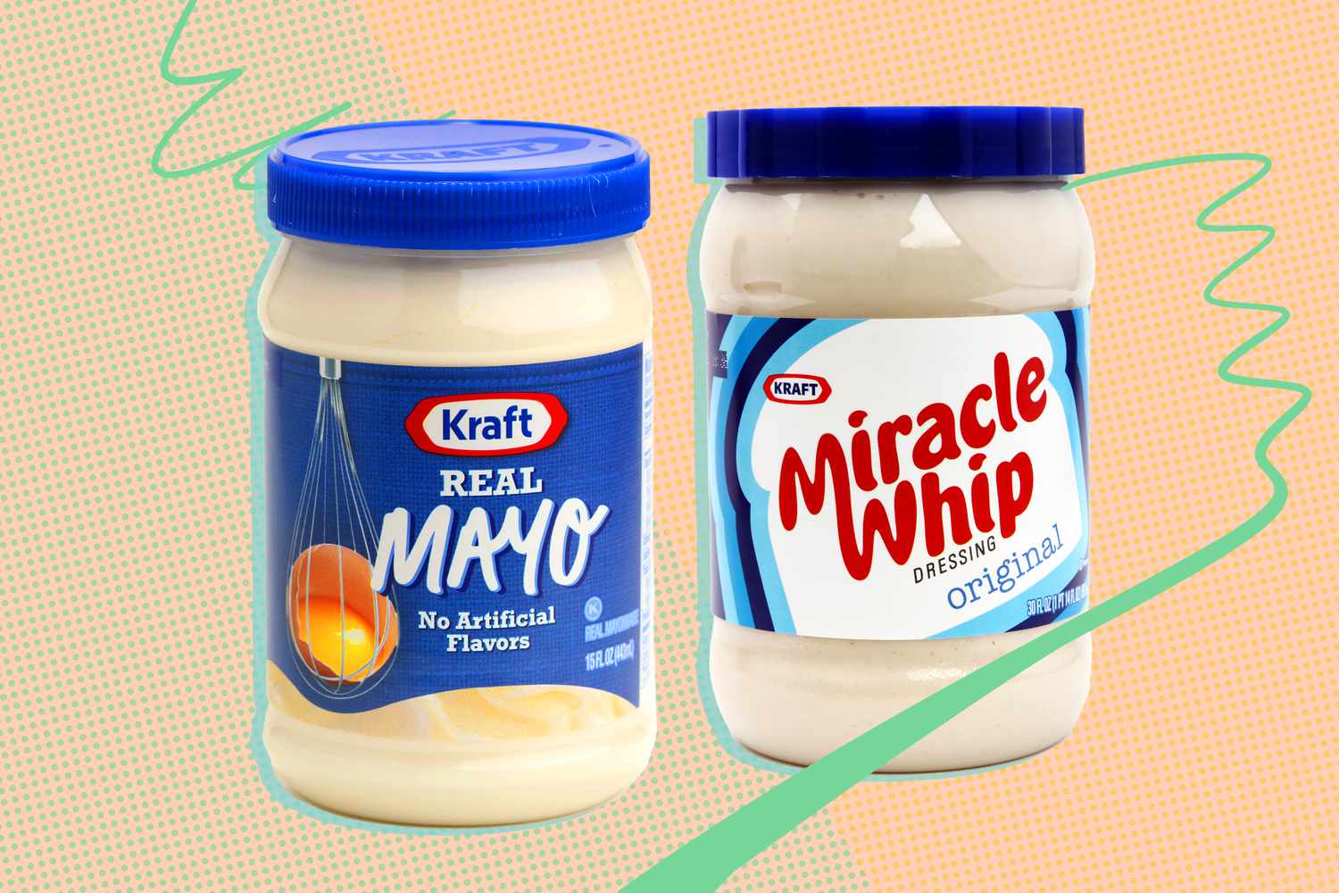 A jar of Miracle Whip next to a jar of Kraft Mayonnaise