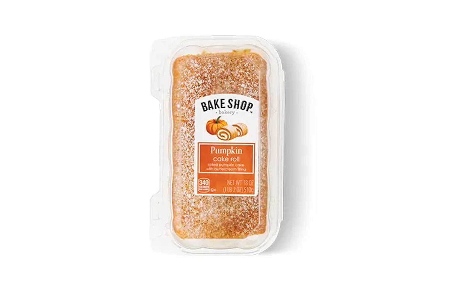Overhead view of a package of Bake Shop Bakery Pumpkin Cake Roll from Aldi