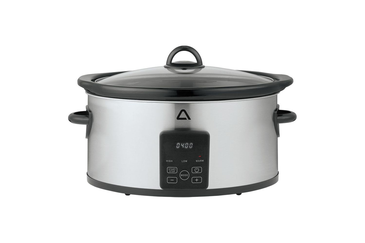 A countertop slow cooker with a digital display and control buttons
