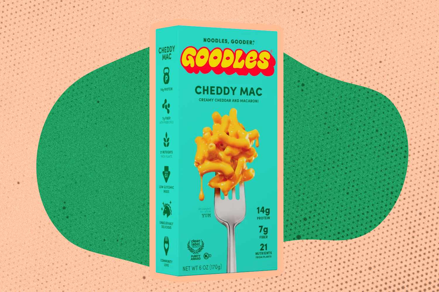 Goodles Cheddy Mac box over a colorful background