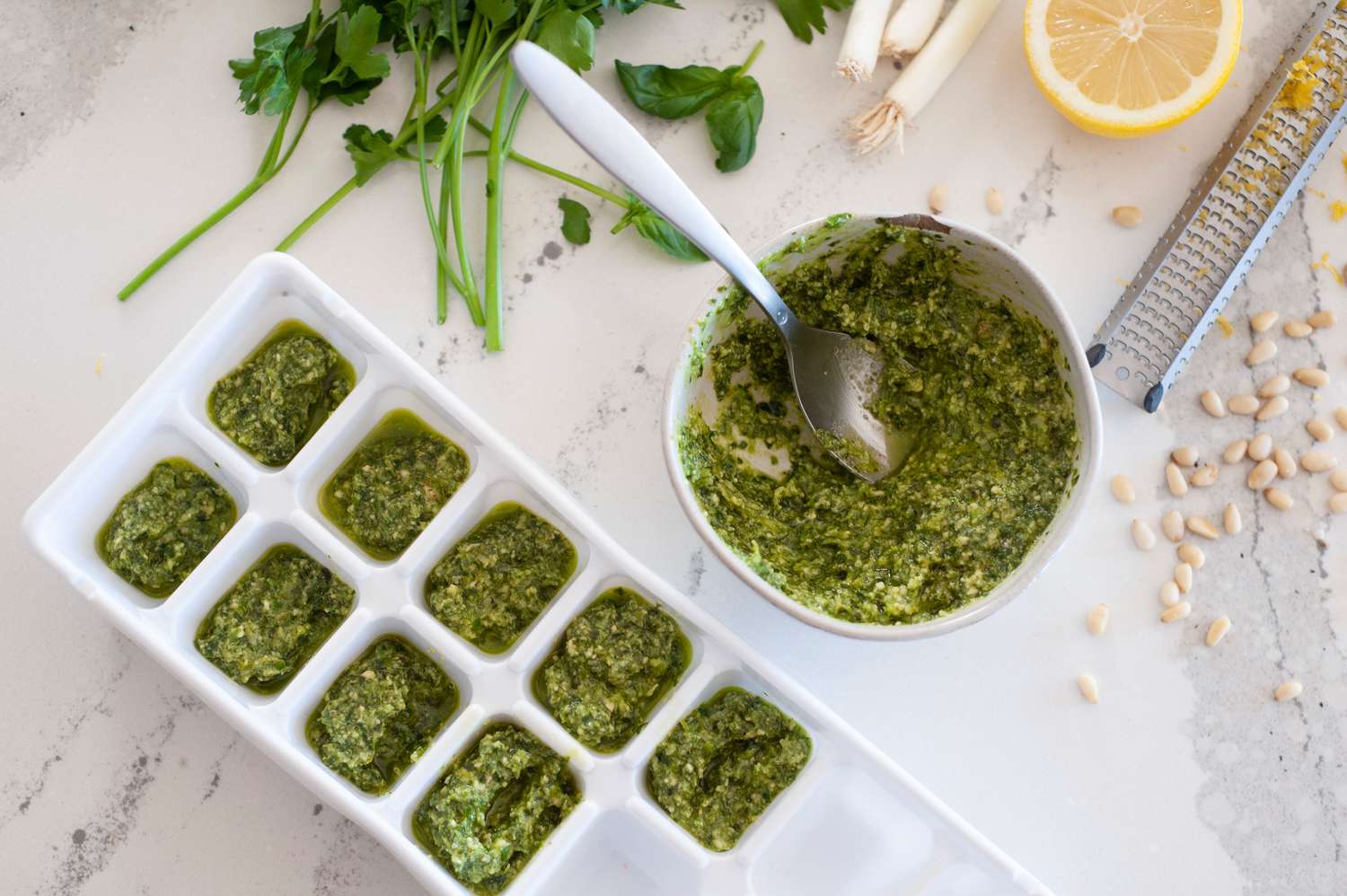 Scallion pesto in ice cube tray