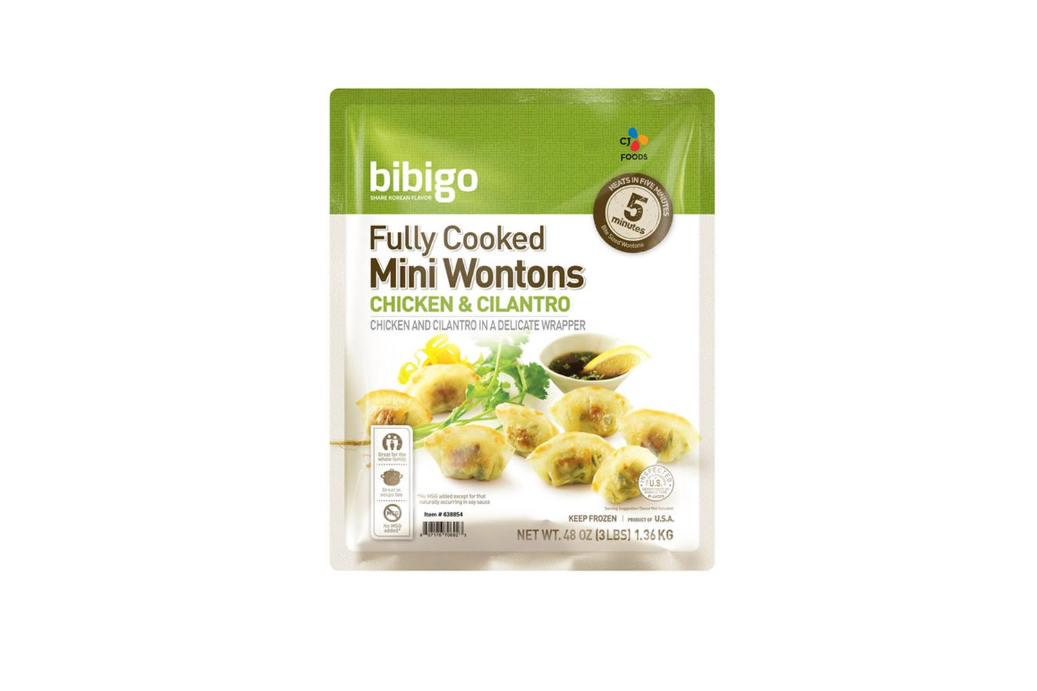 Package of Bibigo fully cooked chicken and cilantro mini wontons