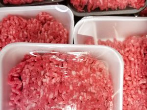 Packages of ground beef shown wrapped and close up