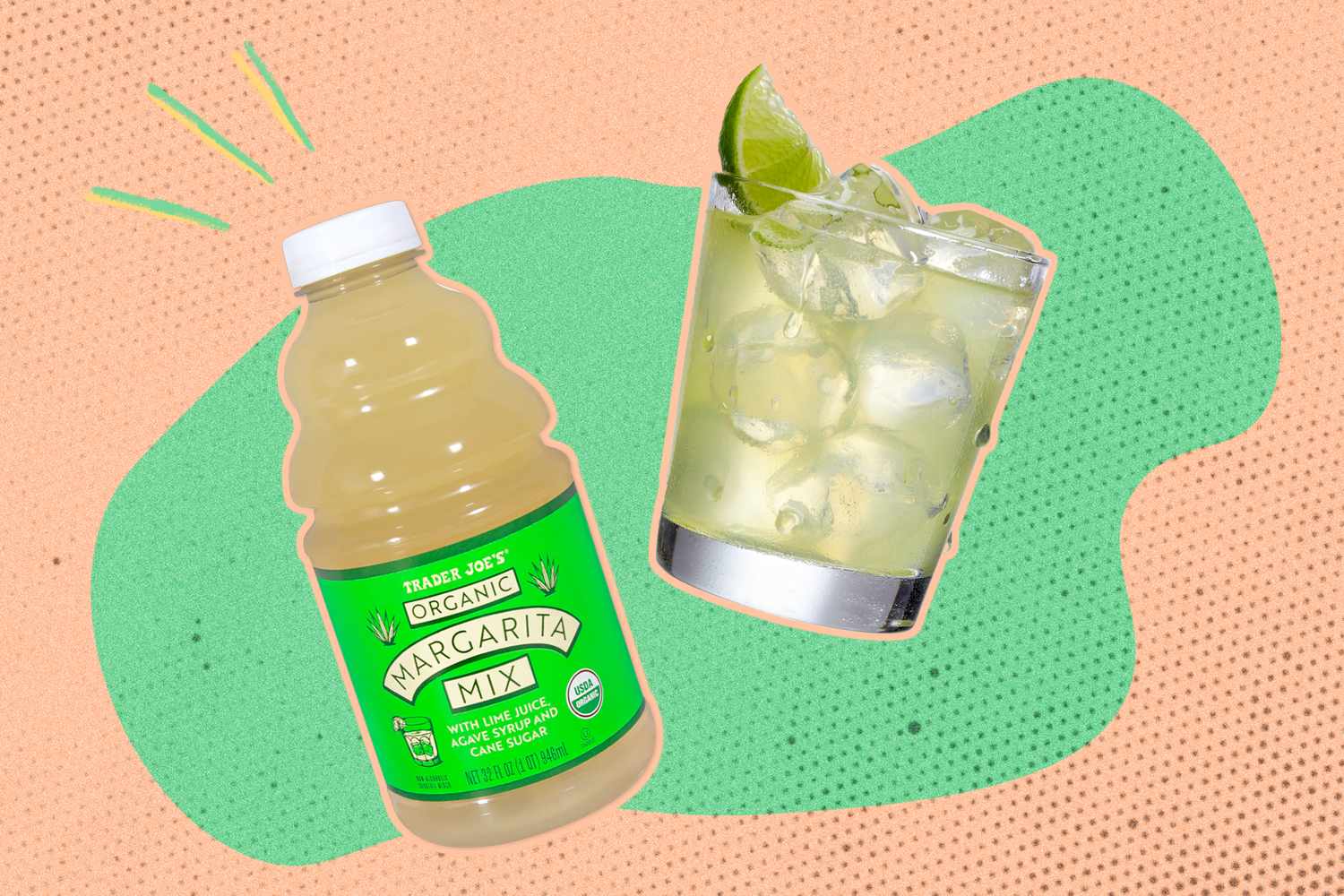 A bottle of Trader Joes Organic Margarita Mix next to a glass of a margarita with ice and a lime wedge