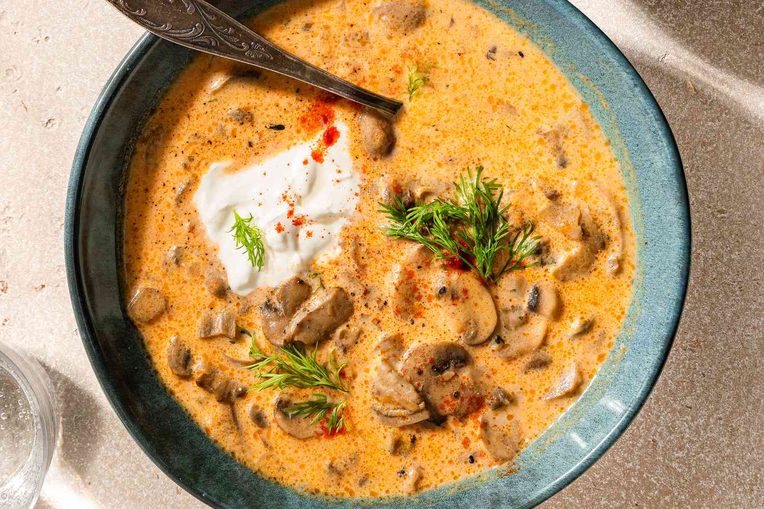 A bowl with Hungarian mushroom soup, topped with sour cream, fresh dill, and smoked paprika