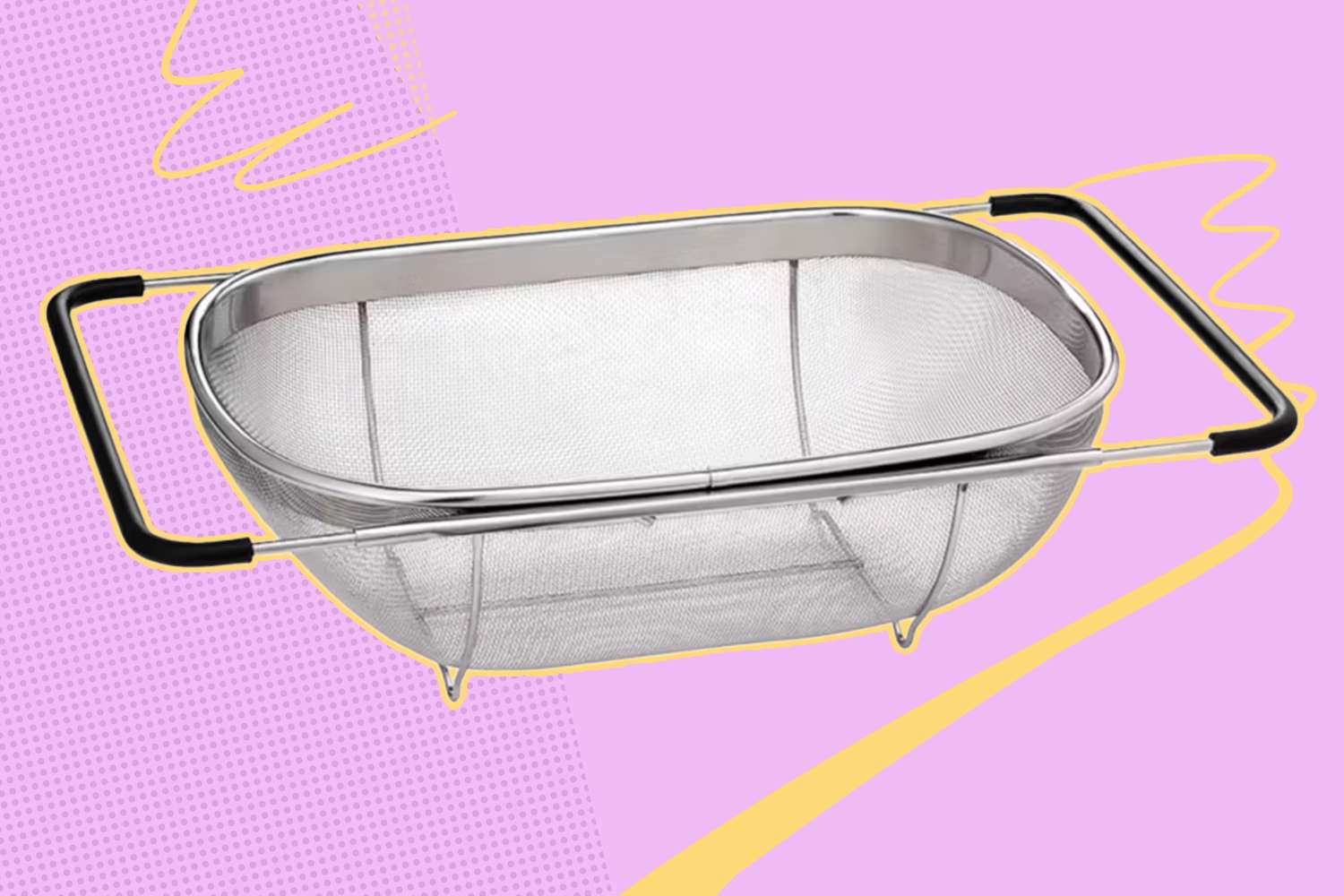 An extendable kitchen colander placed on a colorful background, designed for draining and rinsing food