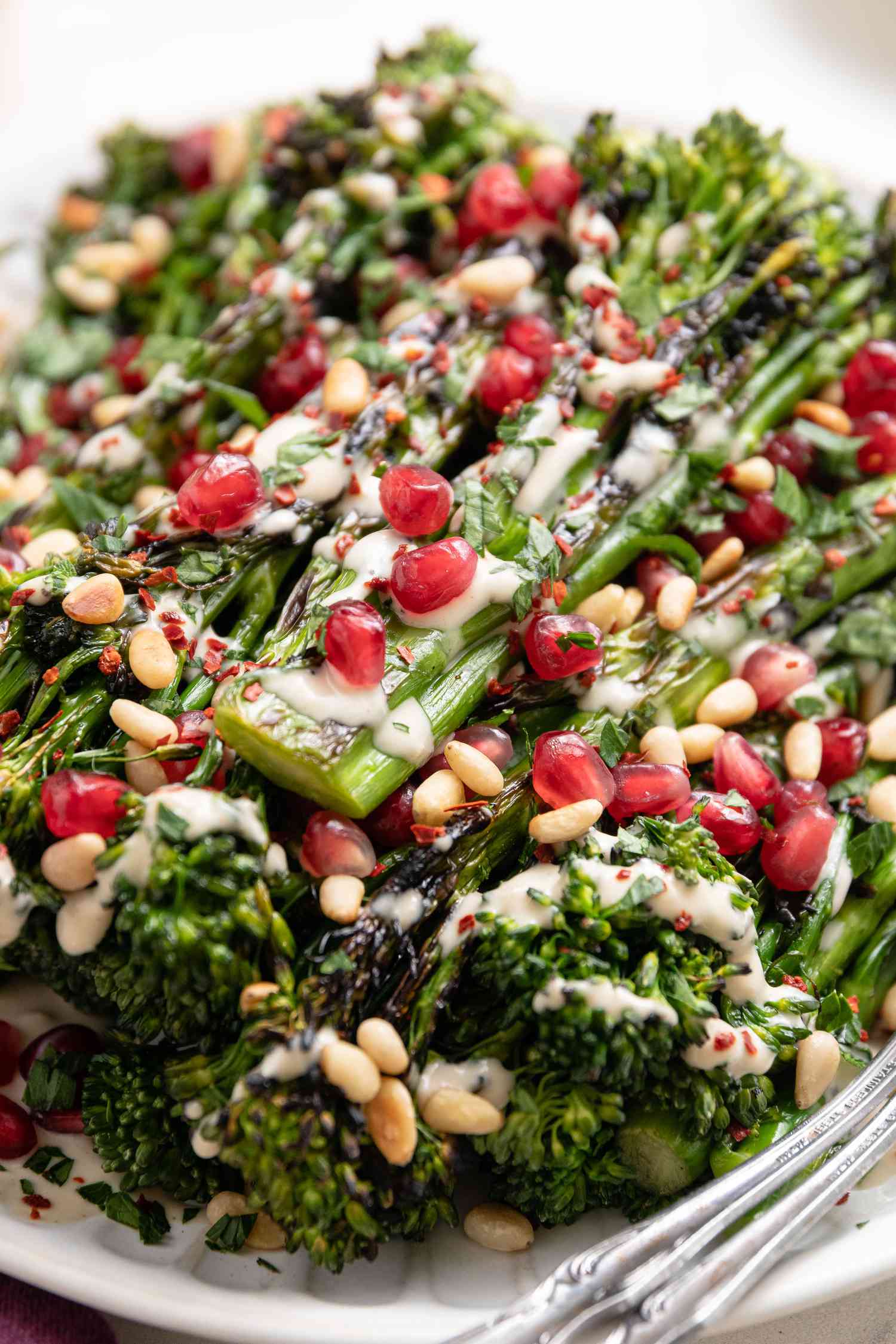 Grilled Broccolini with Lemon Tahini Dressing and Pomegranate Arils