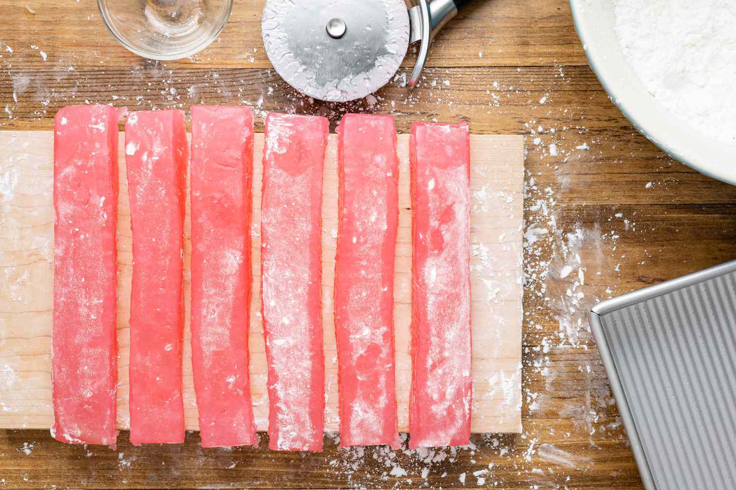 Turkish Delight Cut Into Strips Using a Pizza Cutter After Dusted With Powdered Sugar-Cornstarch Mixture 