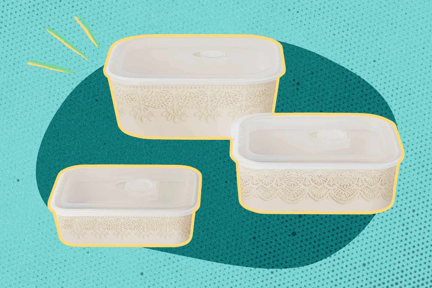 Three food storage containers with lids shown on a graphic background