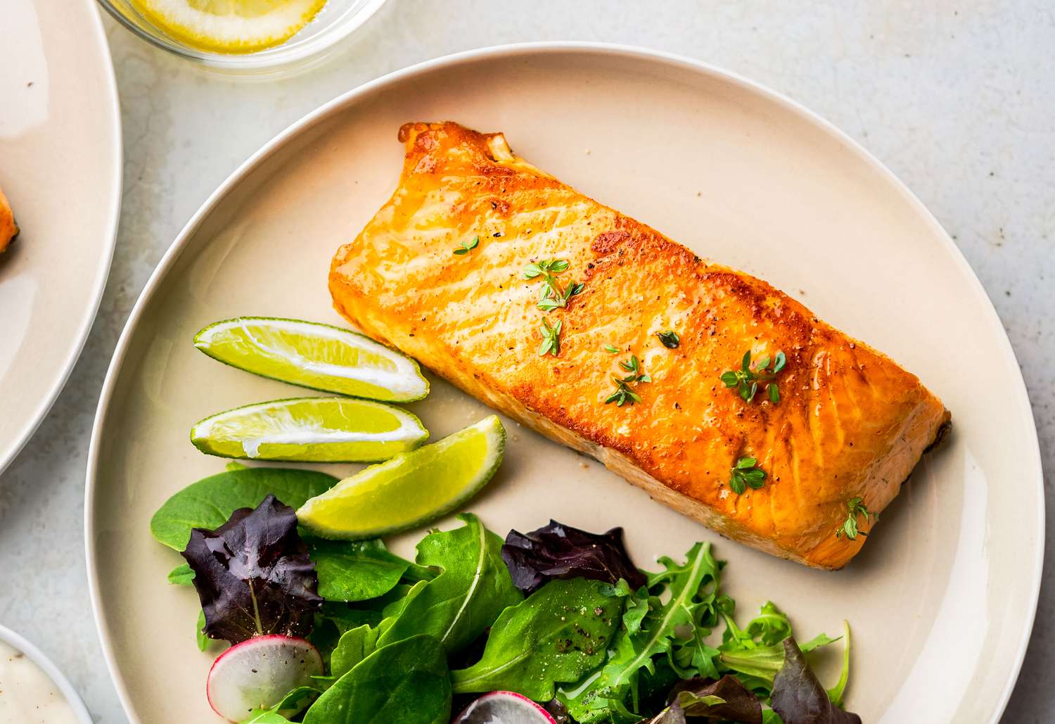 Salmon fillet on a plate with a side salad and lime slices