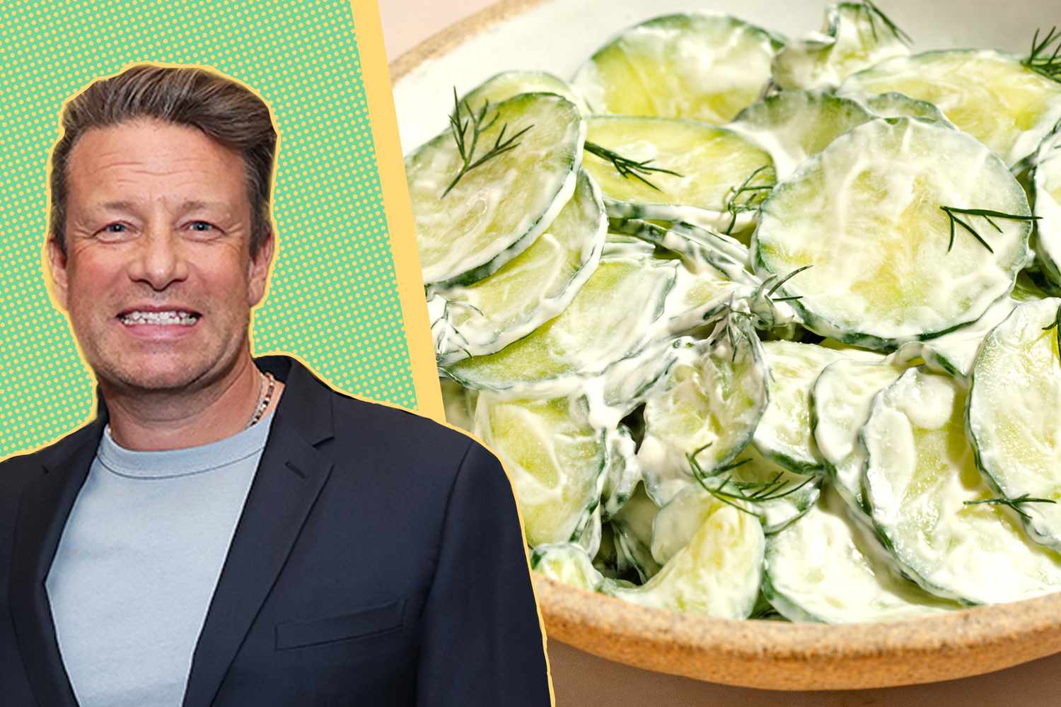 A split image of Jamie Oliver and a dish of cucumber salad