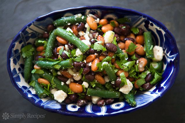 Mexican Three Bean Salad in blue serving dish