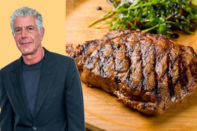A split image of Anthony Bourdain and a steak with grill marks on a wooden cutting board
