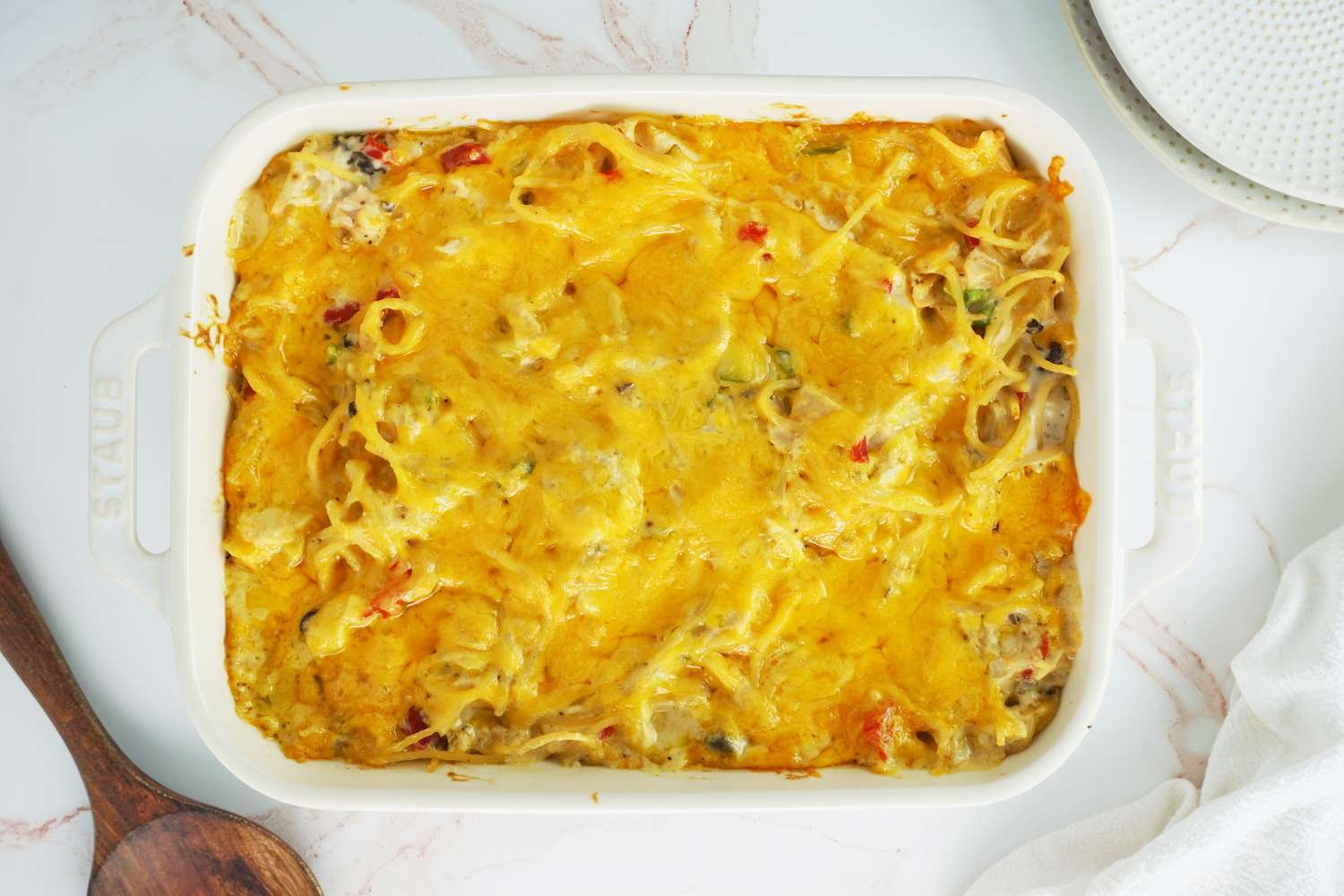 overhead view of Ree Drummond's Chicken Spaghetti, cooked and in a casserole dish