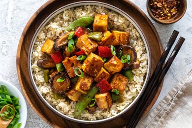Easy Tofu Stir Fry served with rice.