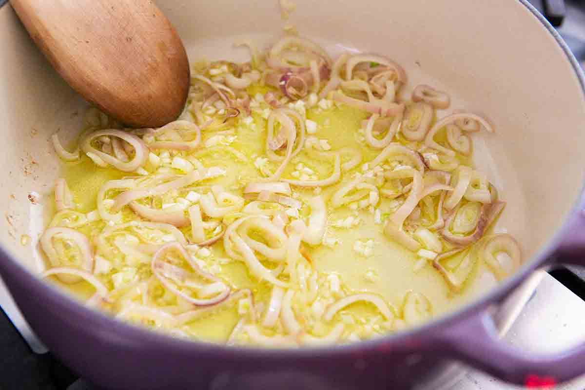 cooked shallots in pot