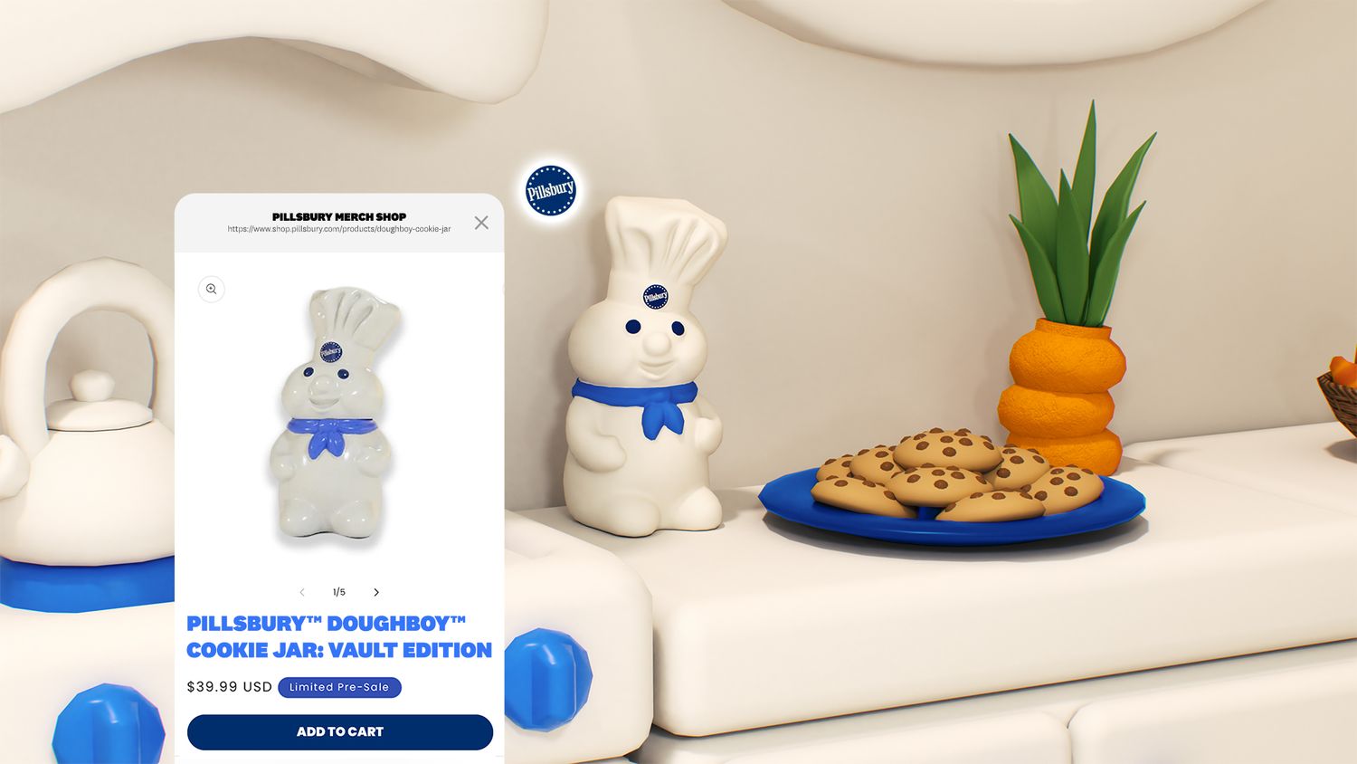 Pillsbury Doughboy cookie jar next to a plate of cookies and an online store listing for the jar