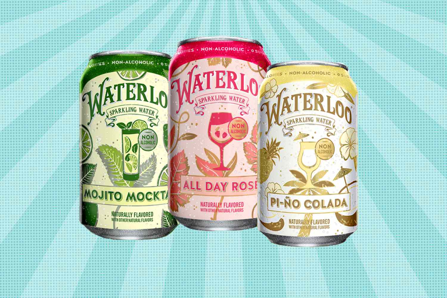 Three cans of Waterloon sparkling water: Mojito Mocktail, All Day RosÃ©, and Pi-Ão Colada