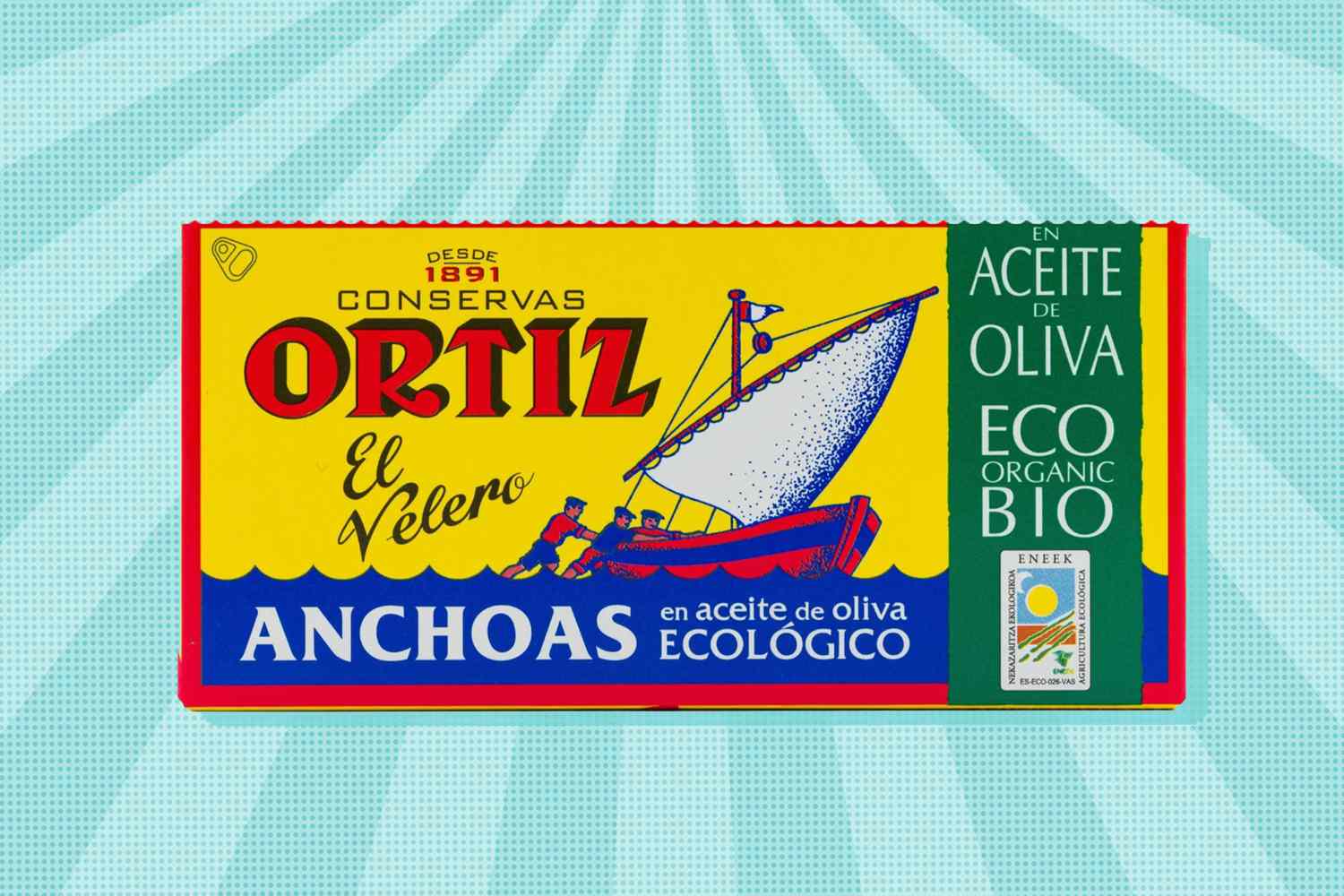 Packaging of Ortiz anchovies labeled as organic in olive oil