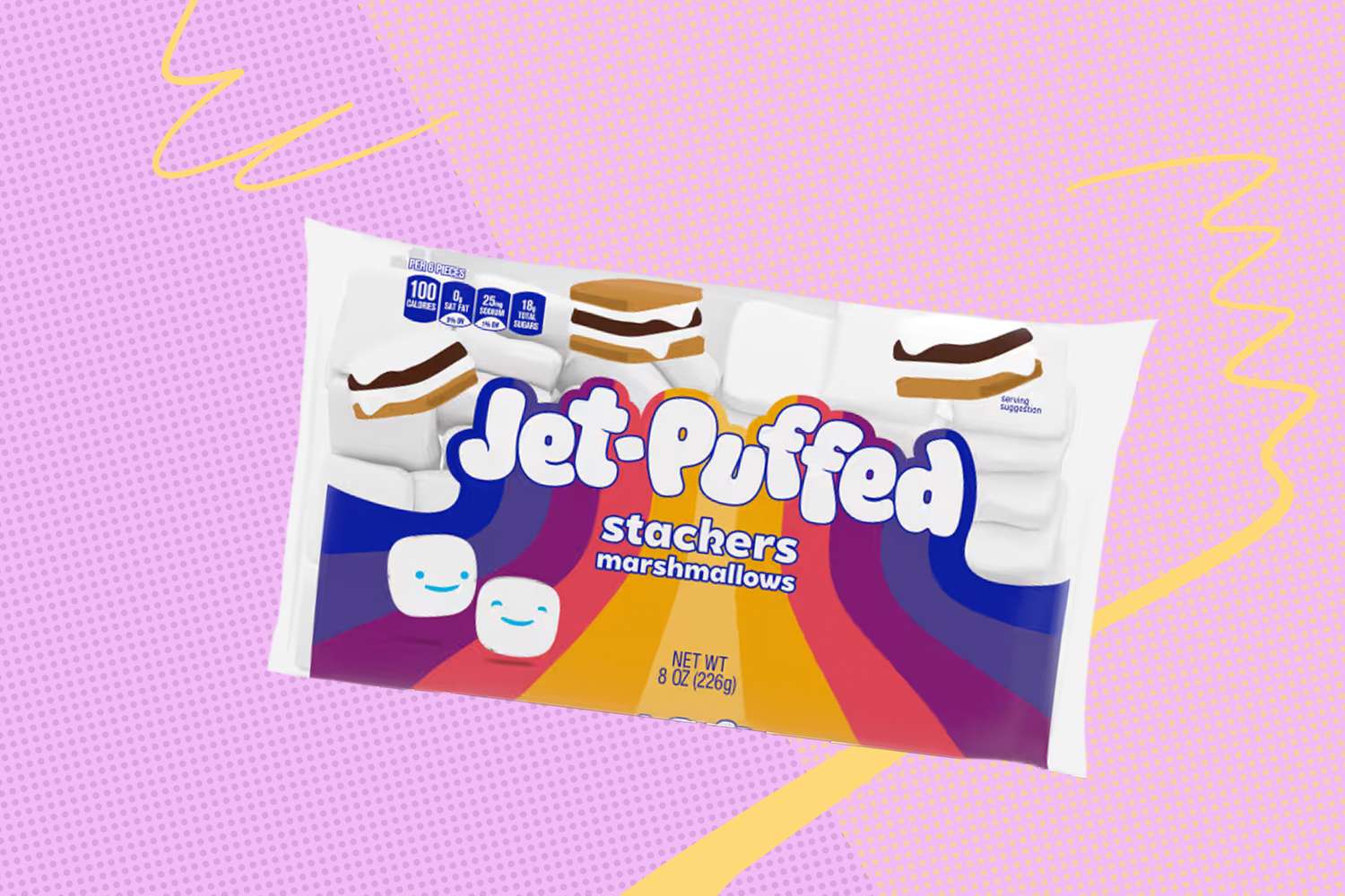 JetPuffed Stackers marshmallows packaging on a colorful background