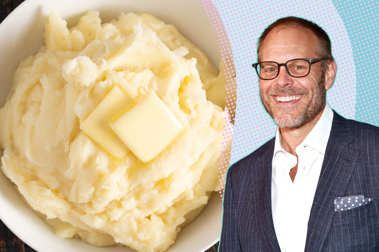 A split image of mashed potatoes topped with butter and Alton Brown