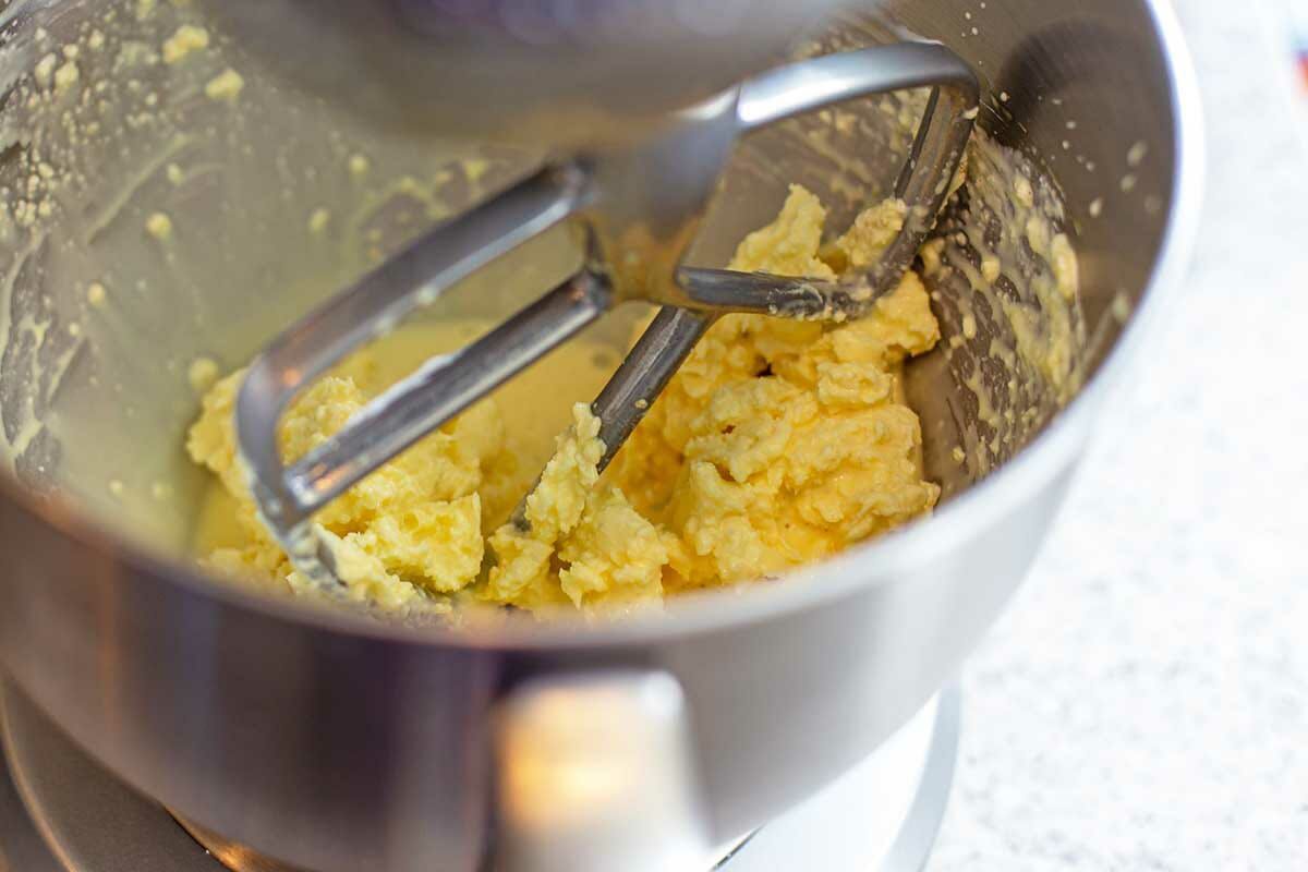 A paddle attachment mexing dough for Hungarian Nut Horns.