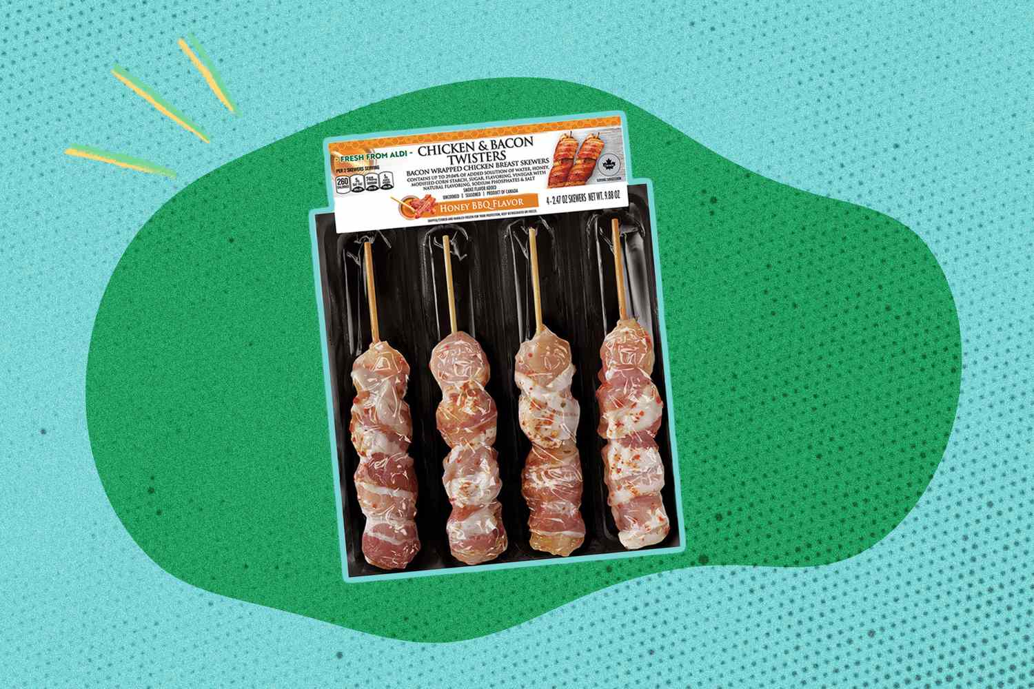 Packaged bacon-wrapped chicken skewers on a display, featuring food presentation
