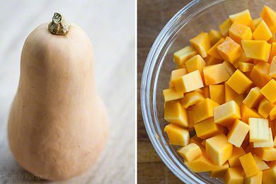 A split image with a whole butternut squash on the left and a bowl of chopped up butternut squash to the right