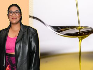 A split image of Sohla El-Waylly and a spoon pouring olive oil