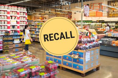 Grocery store interior with a recall notice overlay on the image