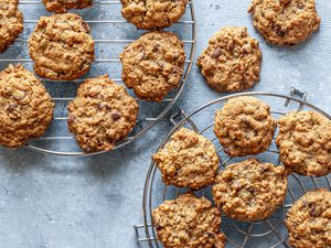 Laura Bush's Cowboy Cookies recipe, baked and cooling on a rack