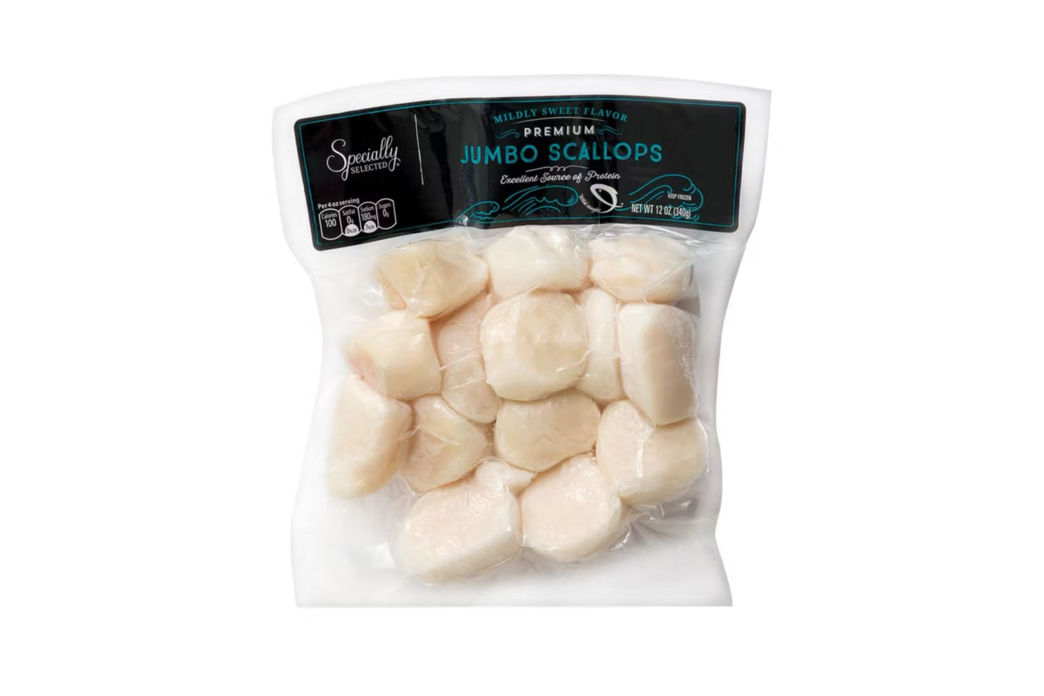 A package of frozen jumbo scallops