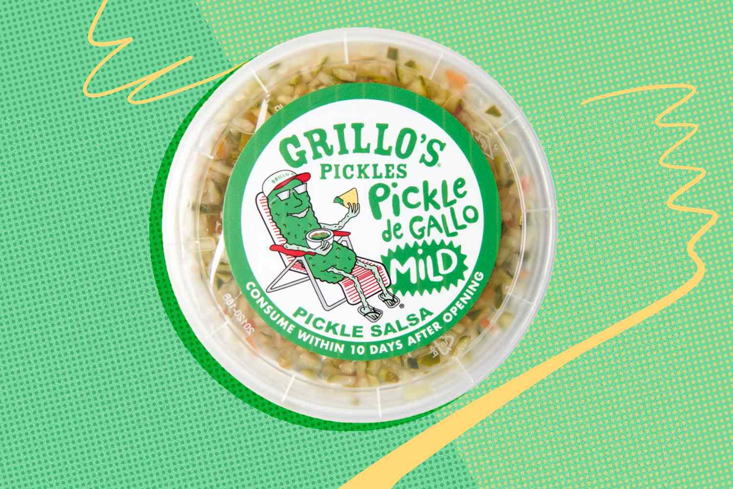 Container of Grillo's Pickles pickle de gallo mild pickle salsa on a green background, packaging features cartoon pickle illustration