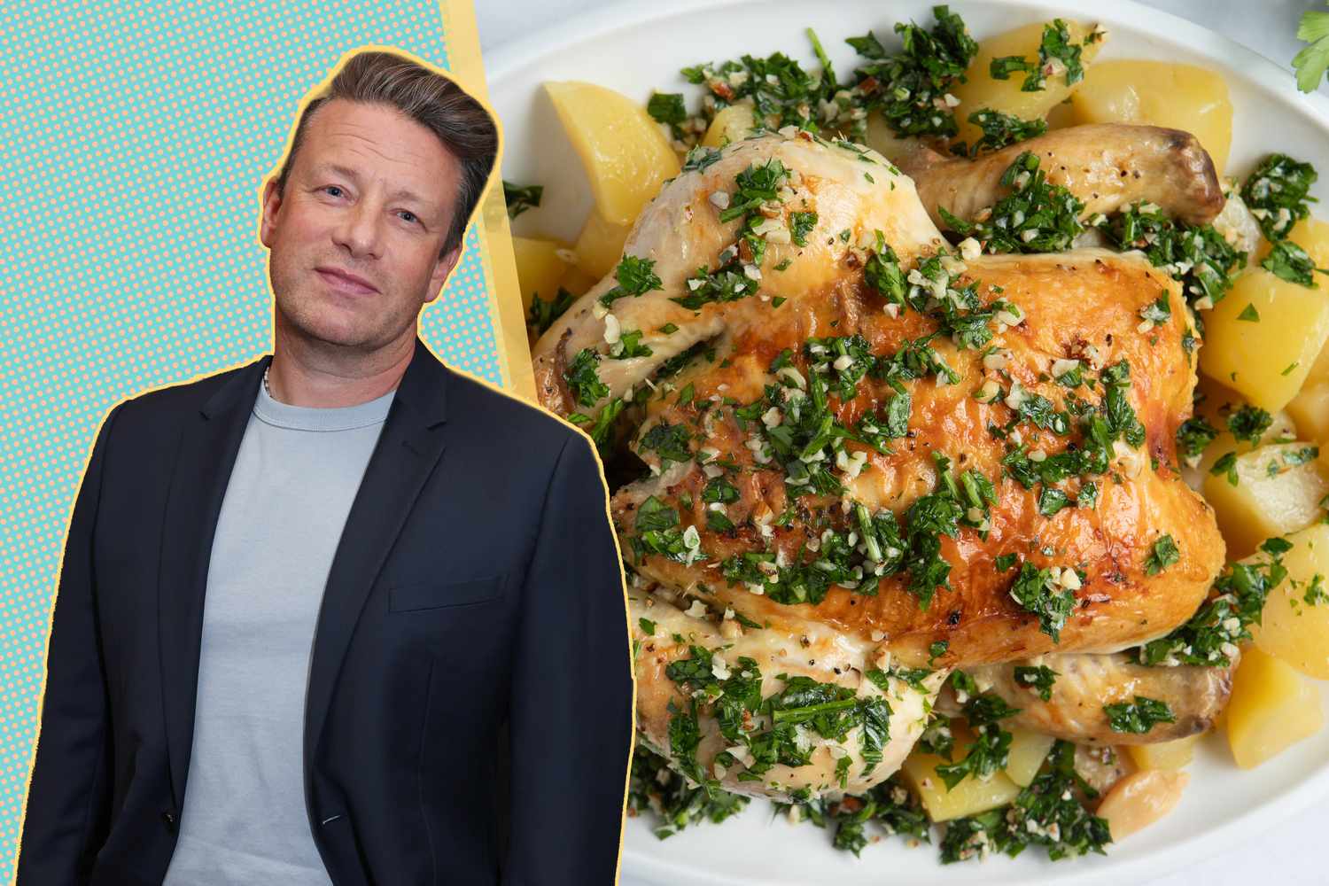 A split image of Jamie Oliver and a pot roast chicken dish