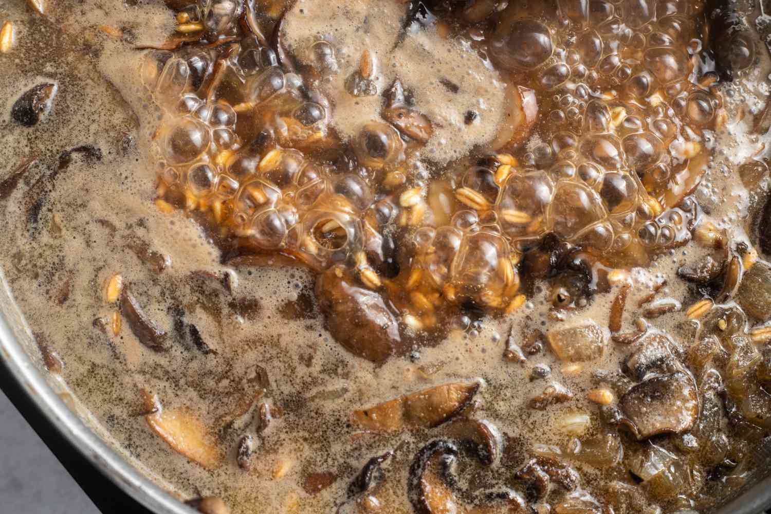 Farro and Mushrooms Boiling for Grain Bowl Recipe